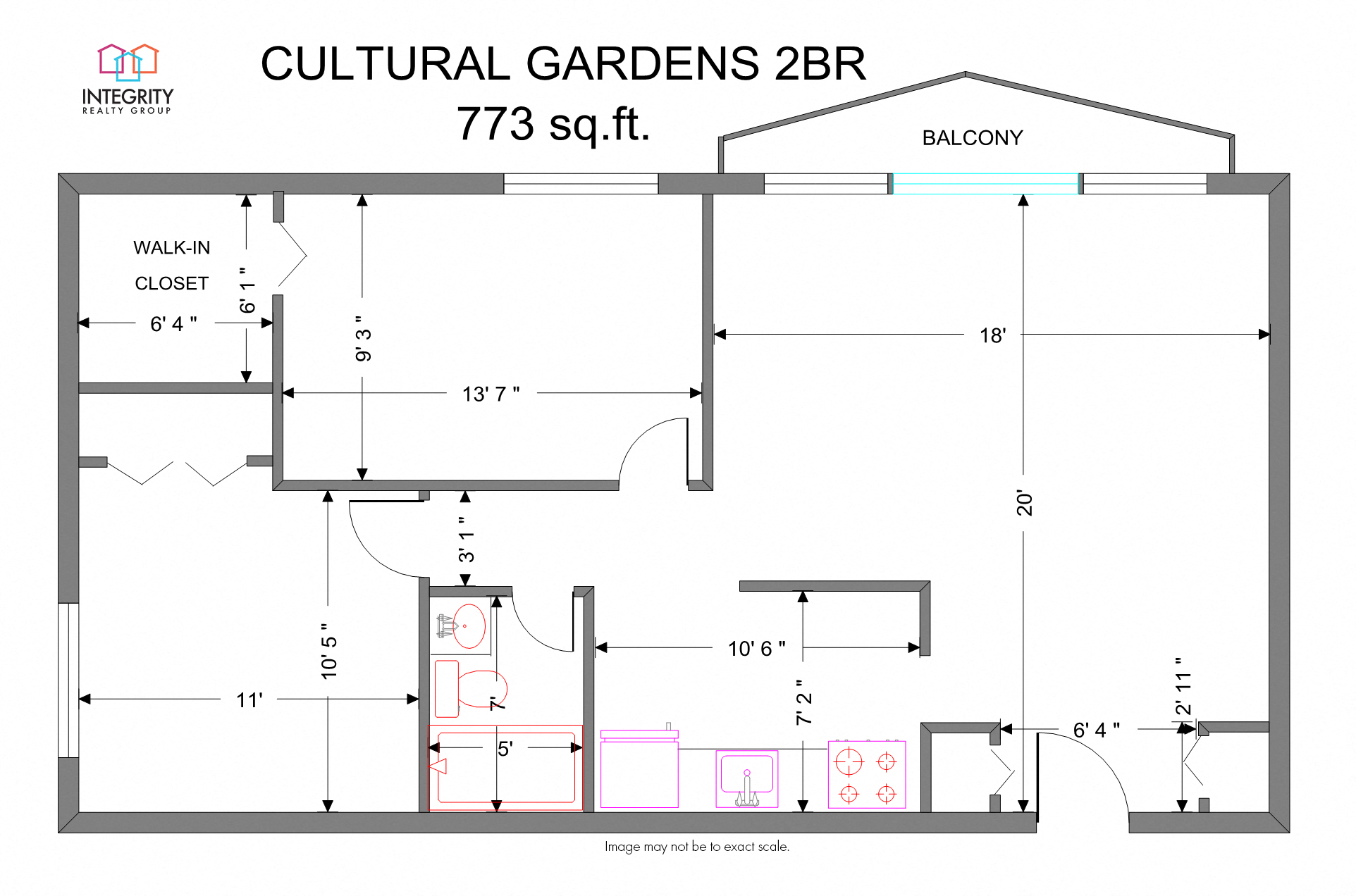 Floor plan for 2 beds, 1 bath, 840 sqft